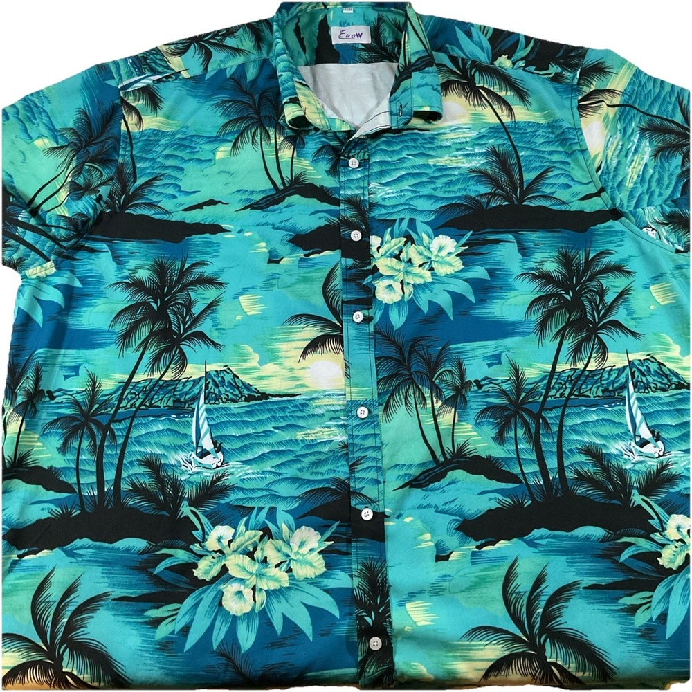 Euow Hawaiian Button Shirt XXXL Blue‎ Palm Island Sailboat Floral. J8